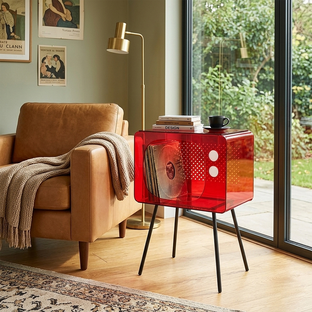 Retro Red TV Shape Acrylic Nightstand With Black Metal Tripod Legs