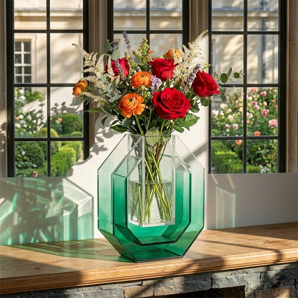 Solid Green Octagonal Acrylic Flower Vase