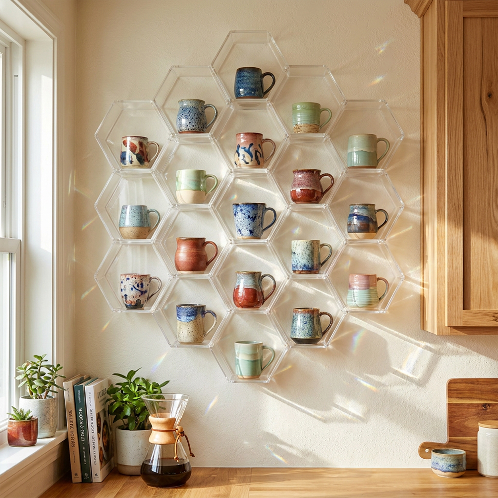 Hexagonal Clear Acrylic Wall Cup Organizer Set