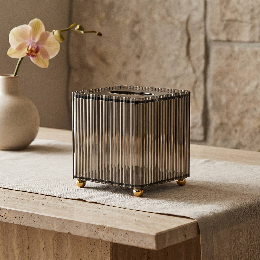 Vertical Fluted Smoke Gray Acrylic Tissue Box with Gold Feet