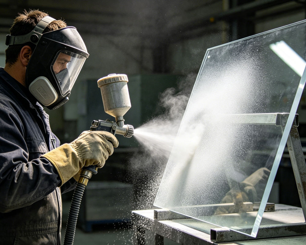 Factory worker wearing safety mask spray painting acrylic sheet surface with spray gun