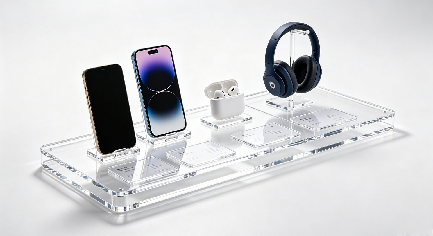 Clear acrylic riser display stands for smartphones, wireless earbuds and over-ear headphones, minimalist white studio product shot