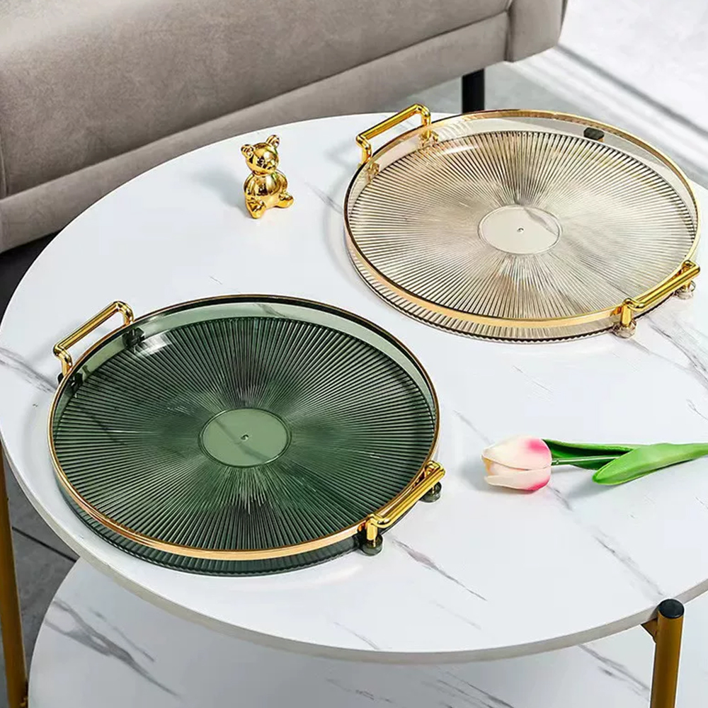 Diamond Embossed Base Round Acrylic Tray With Gold Rim & Handles