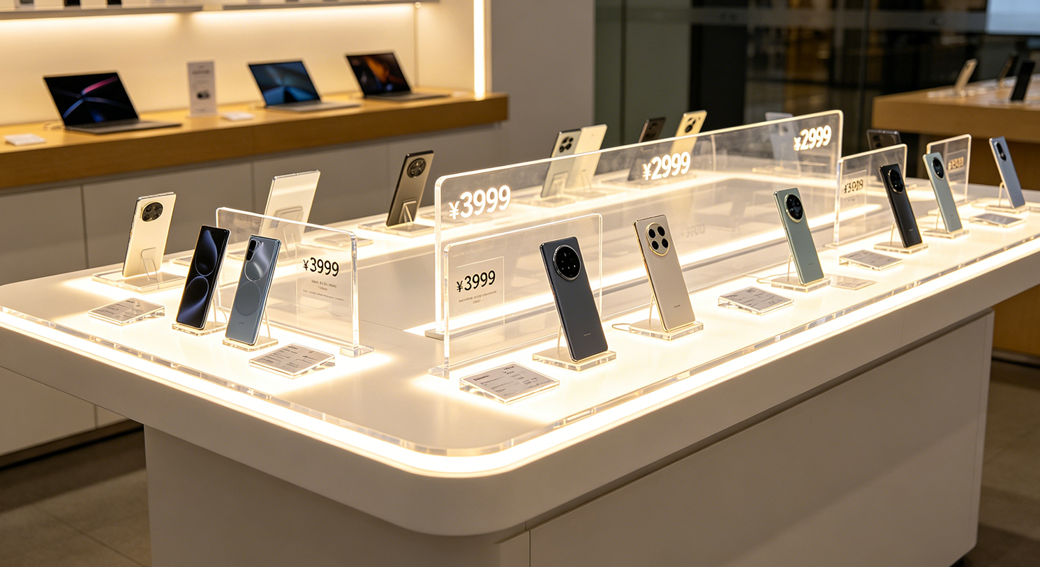 Horizontal acrylic display ledge for multiple tablet models, bright clean electronics boutique scene