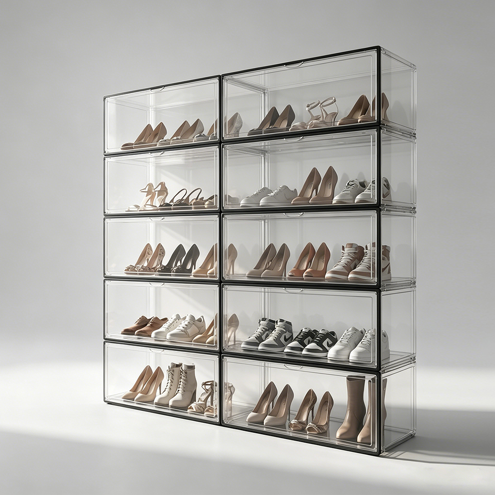 Black Frame Multi-Grid Stackable Clear Acrylic Shoe Cabinet Combination
