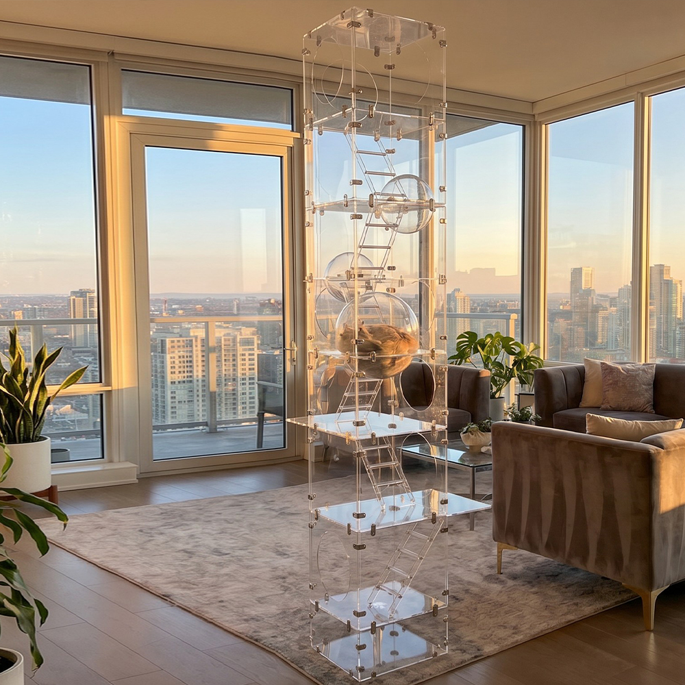 Tall tower-shaped transparent acrylic cat climbing frame villa, floor-to-ceiling window apartment interior