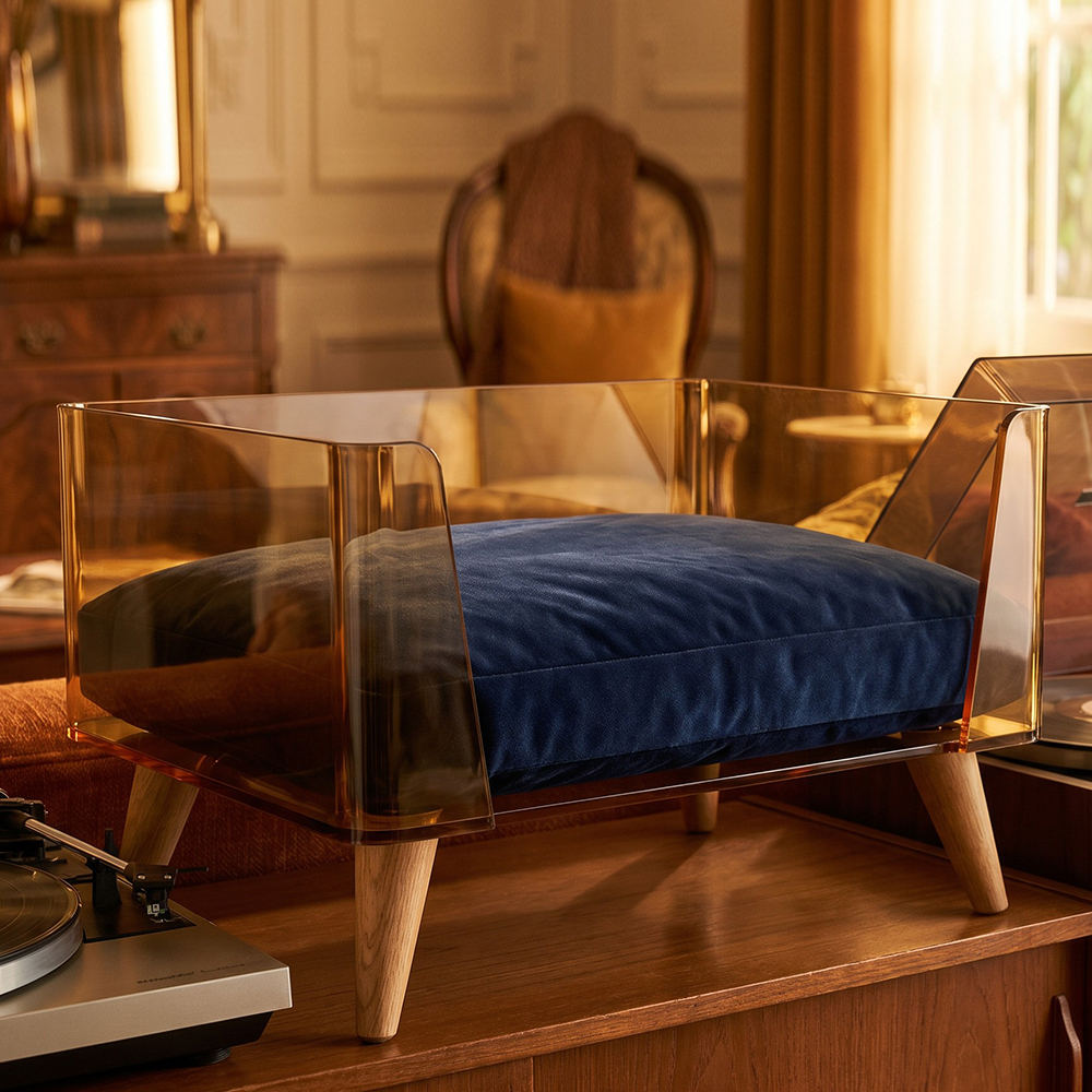 Amber Square Acrylic Cat Bed with Wood Legs.