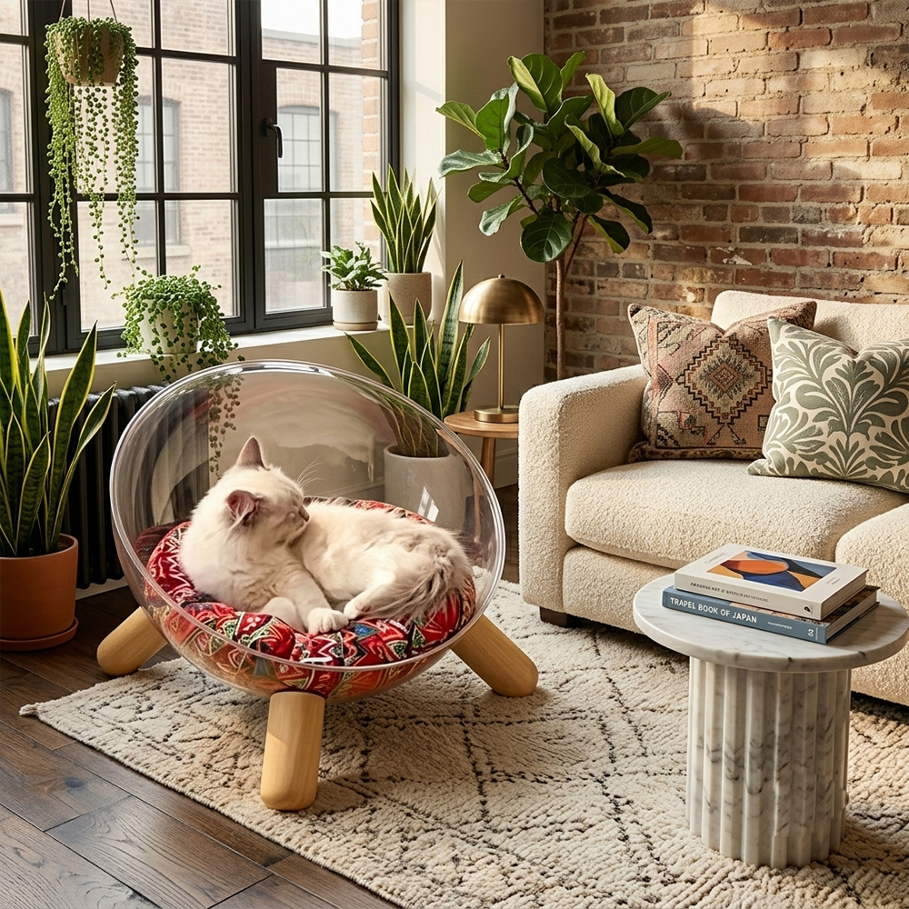 Clear Bowl Acrylic Cat Bed with Wood Legs.