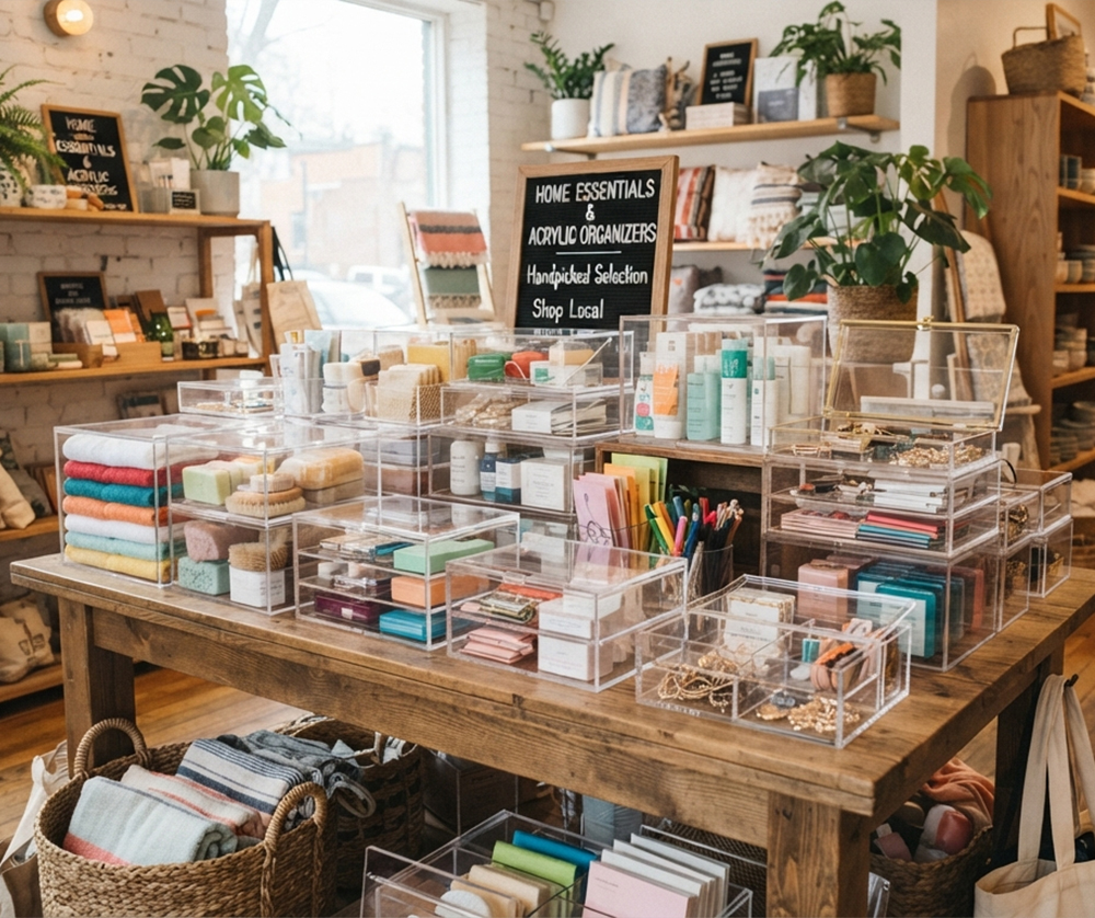 Cozy hobby shop workspace filled with acrylic display trays for model kits and miniatures