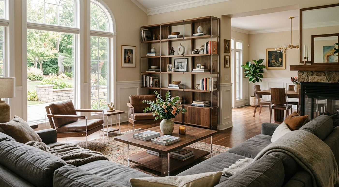 Warm vintage style living room, solid wood open bookshelf, transparent acrylic side table and wooden coffee table with flower decor beside arched bay window
