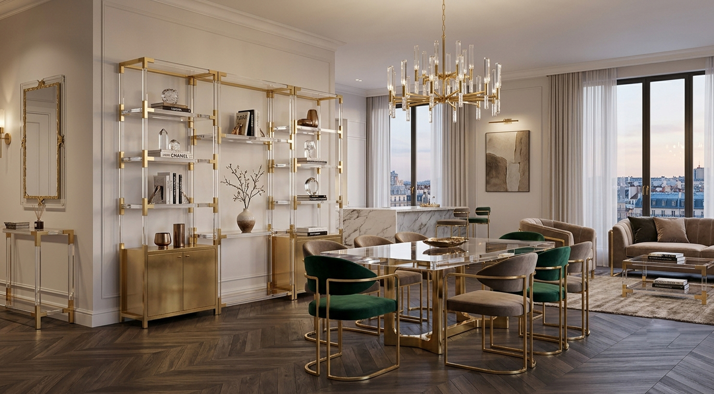 Elegant European dining space with gold frame transparent acrylic open display shelving, crystal chandelier, marble dining table and emerald velvet dining chairs