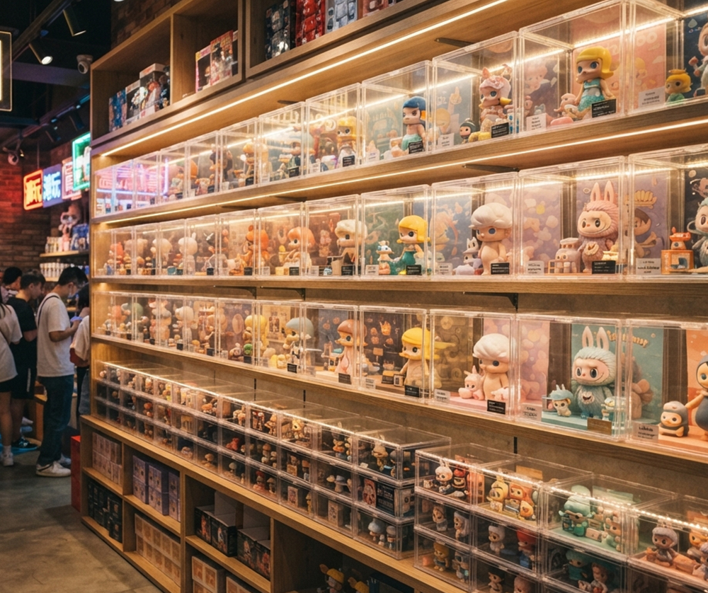 Long wall-mounted acrylic display rack full of collectible mini dolls, retail shop scene