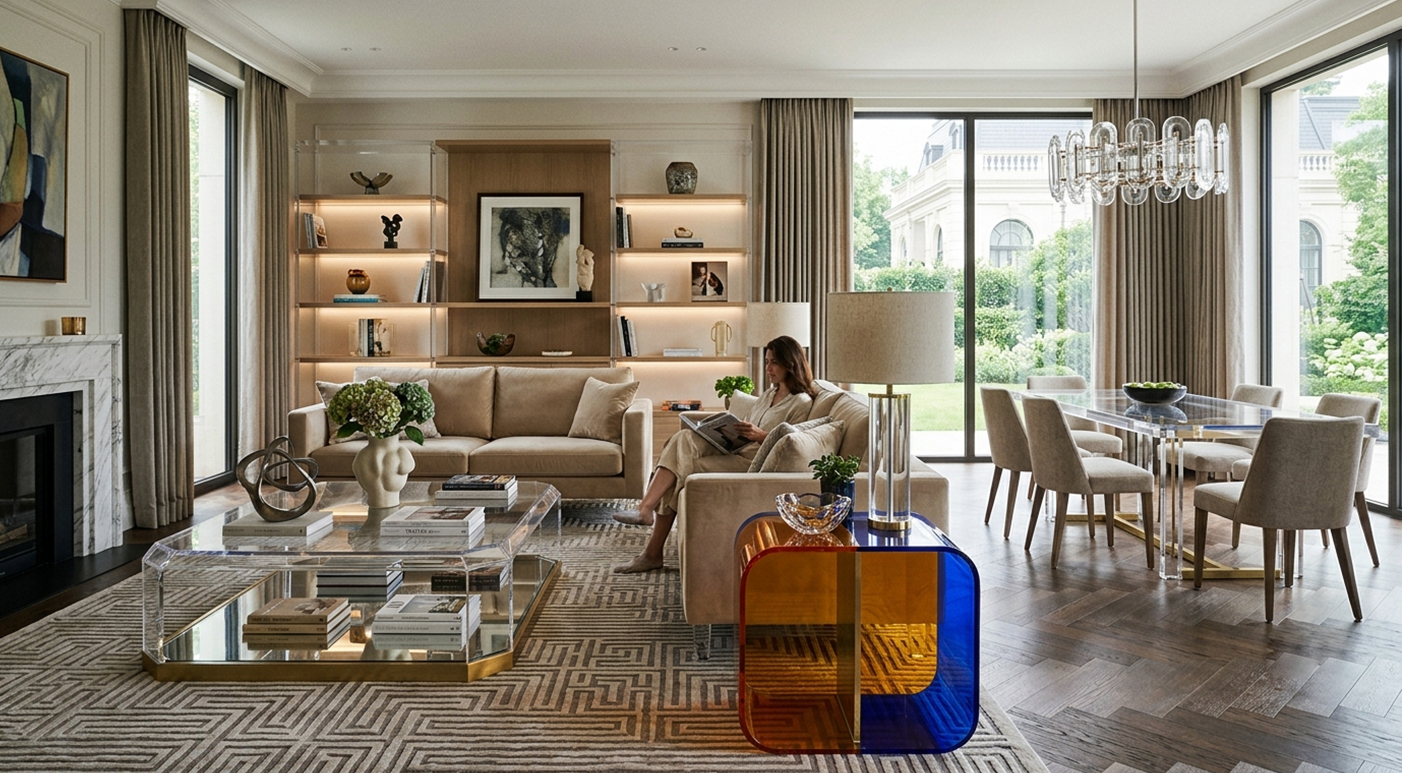 Luxury Parisian style living room with transparent acrylic coffee table, colorful block acrylic side cabinet, built-in wooden display shelves and large French bay window