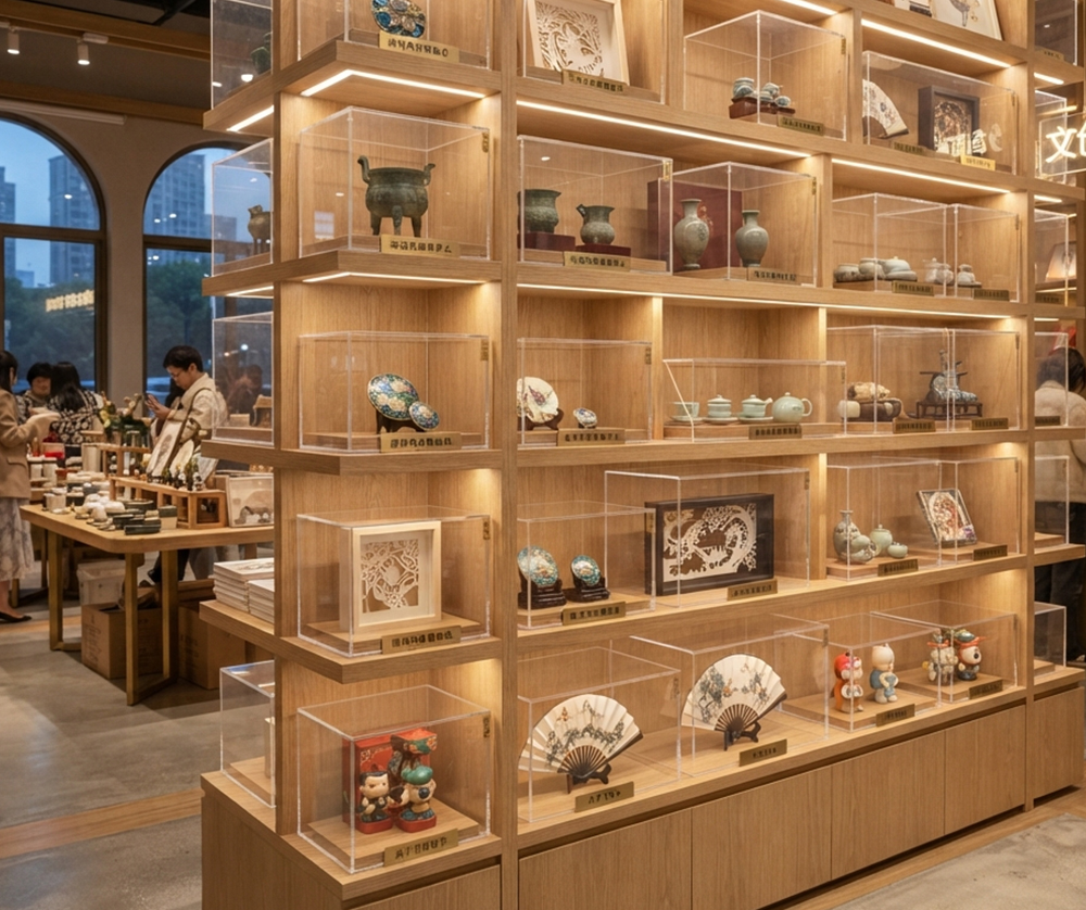 Wooden retail store interior with small acrylic shelf compartments for mini figurines