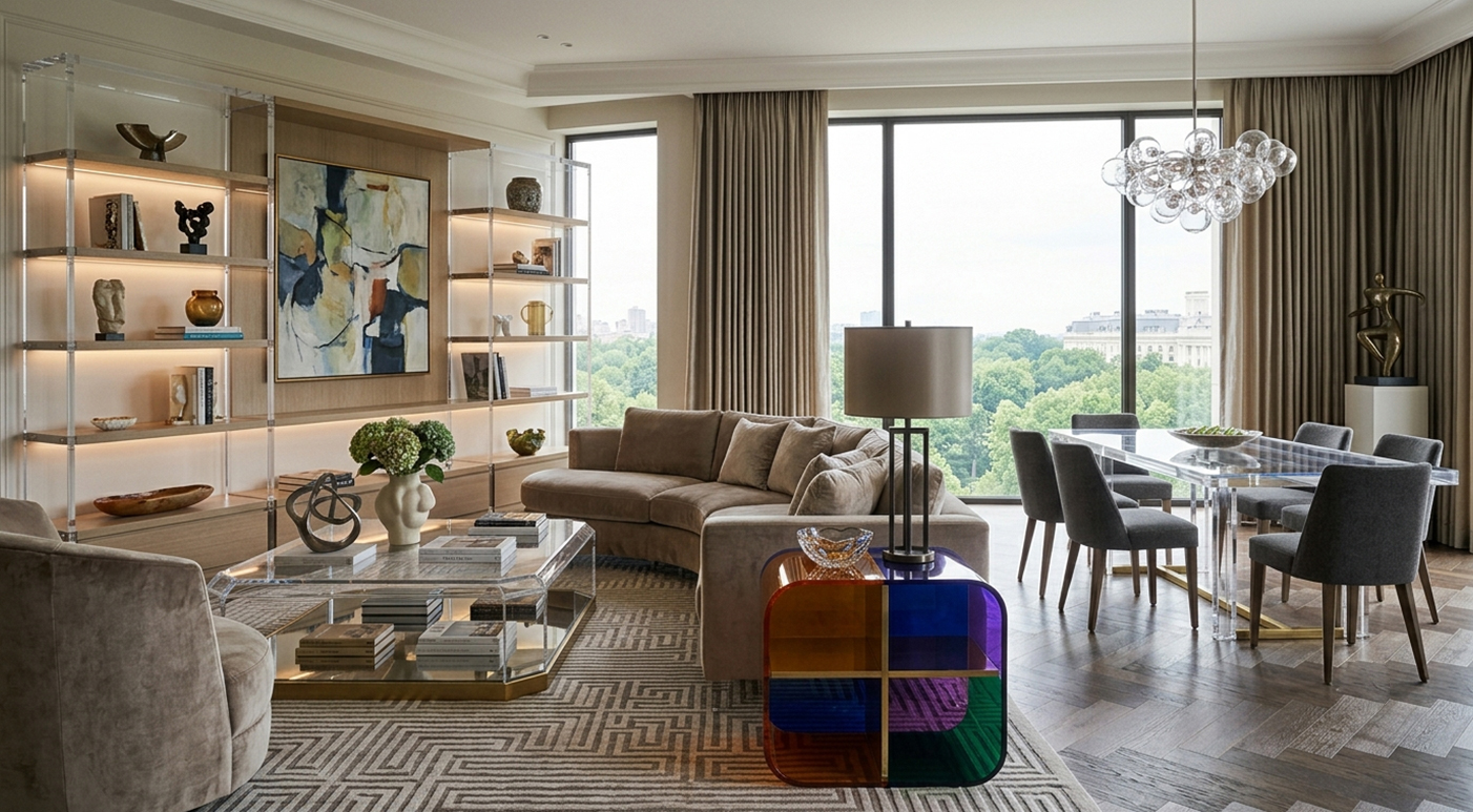 Bright luxury apartment living room with acrylic storage decor and floor-to-ceiling windows