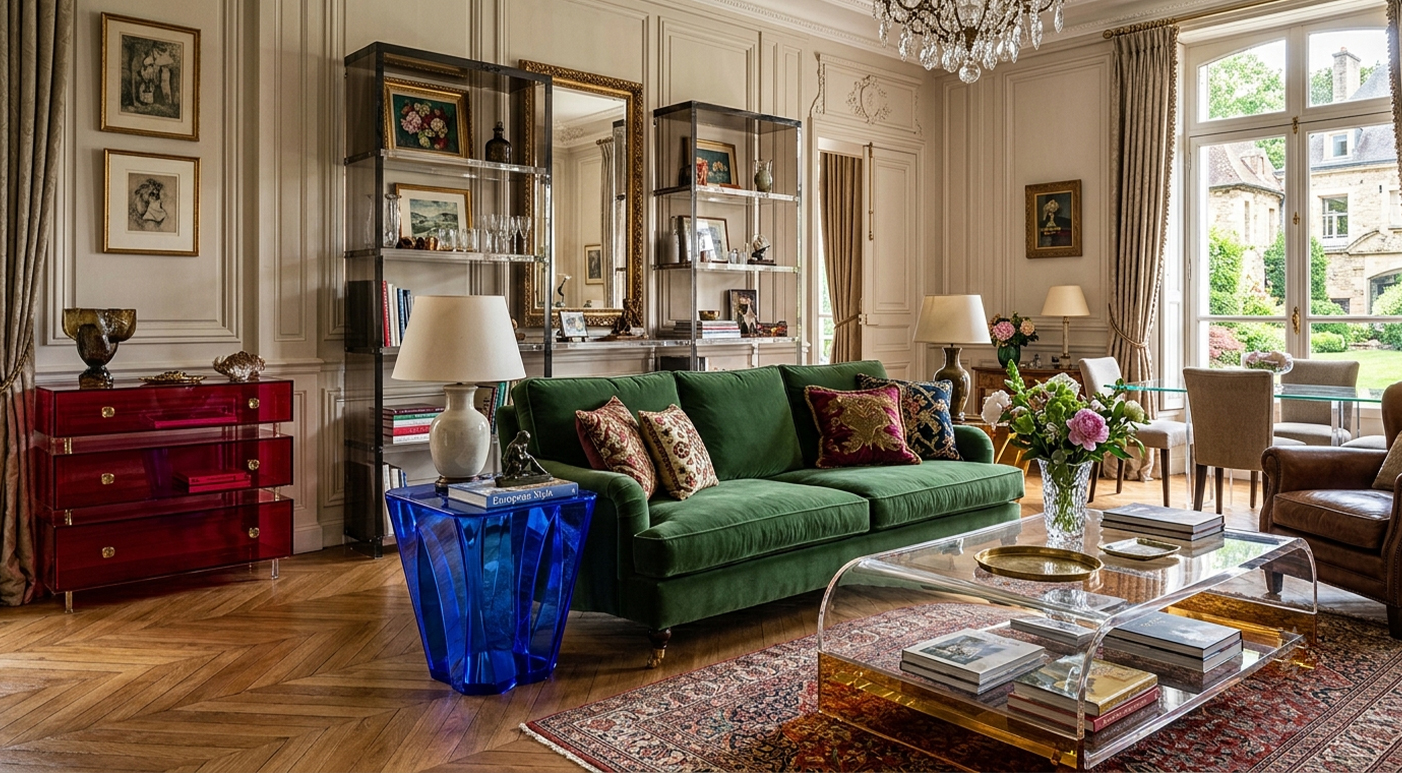 Elegant European style living room with transparent acrylic decorative side table