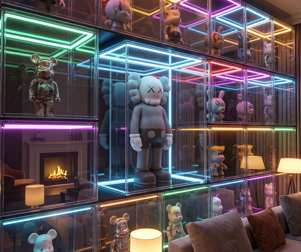 Illuminated neon acrylic display cabinet with KAWS toy figure collection
