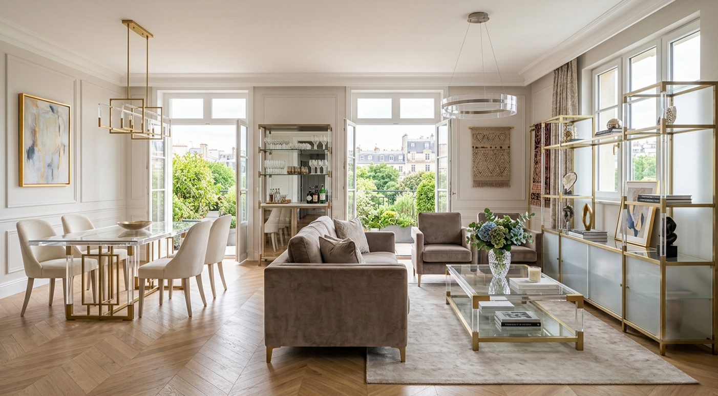 Bright European villa living room with double French glass doors, transparent acrylic coffee table, hanging circular acrylic ceiling lamp and garden view outside windows