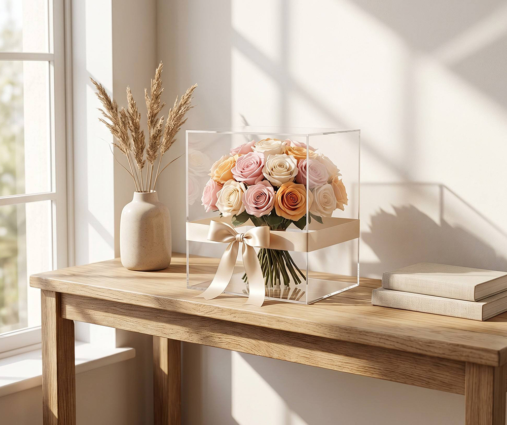 Small square acrylic flower display tray with dried flower bouquet, warm indoor sunlight