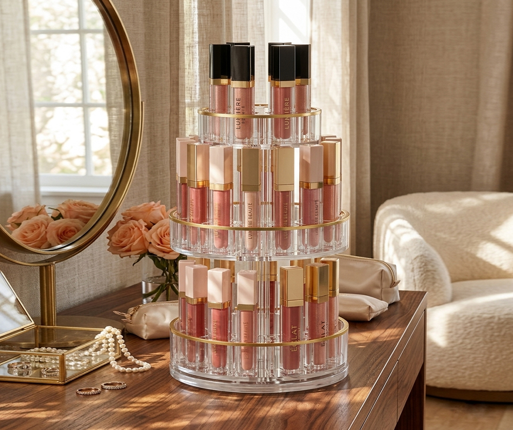 Multi-layer tall acrylic cosmetic stand filled with gradient lipstick tubes, home vanity scene