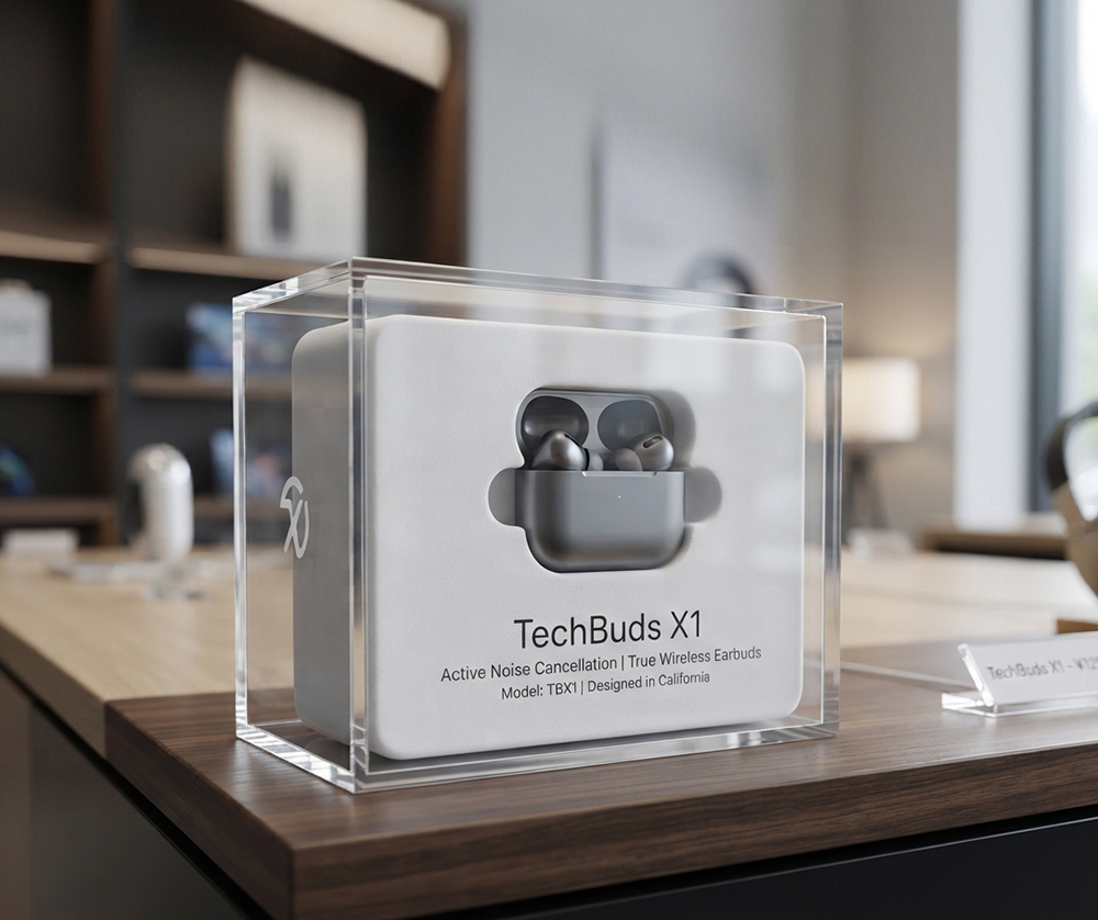 Closed clear acrylic storage box for wireless earbuds packaging showcase
