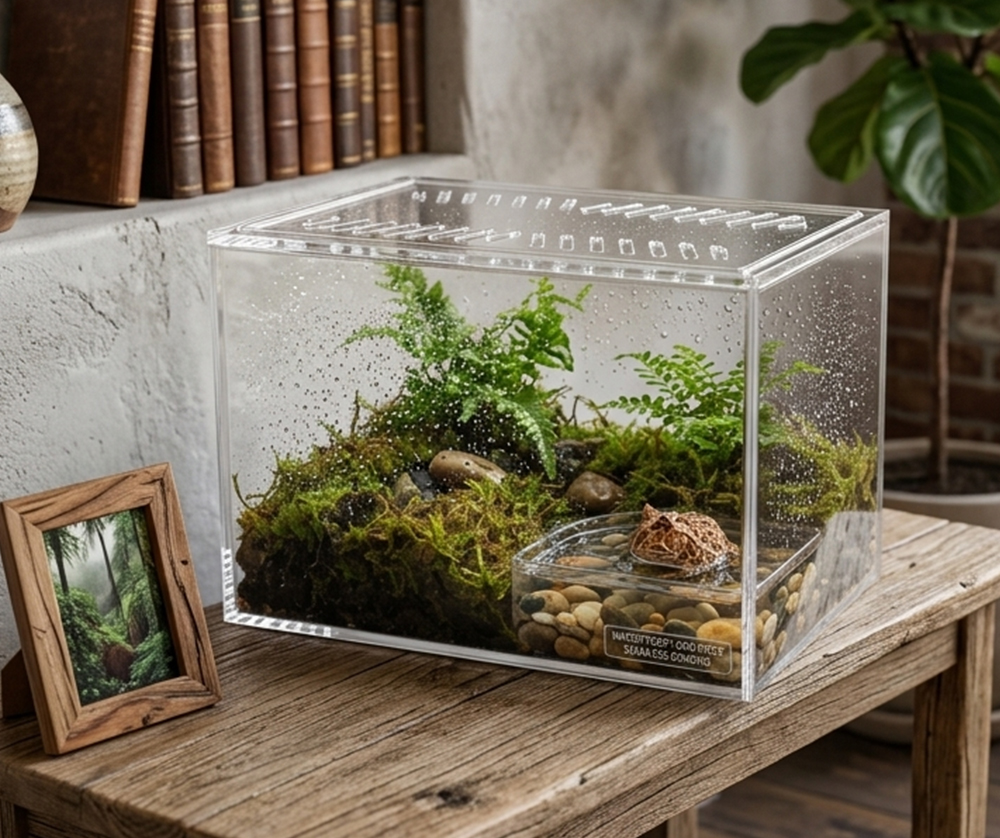 Square transparent acrylic terrarium with moss and miniature landscape plants
