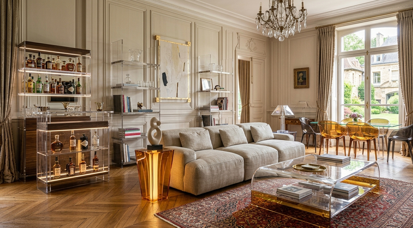 French cream plaster wall living room, gold frame transparent acrylic wall display shelf, crystal chandelier, clear acrylic coffee table and golden decorative side cabinet
