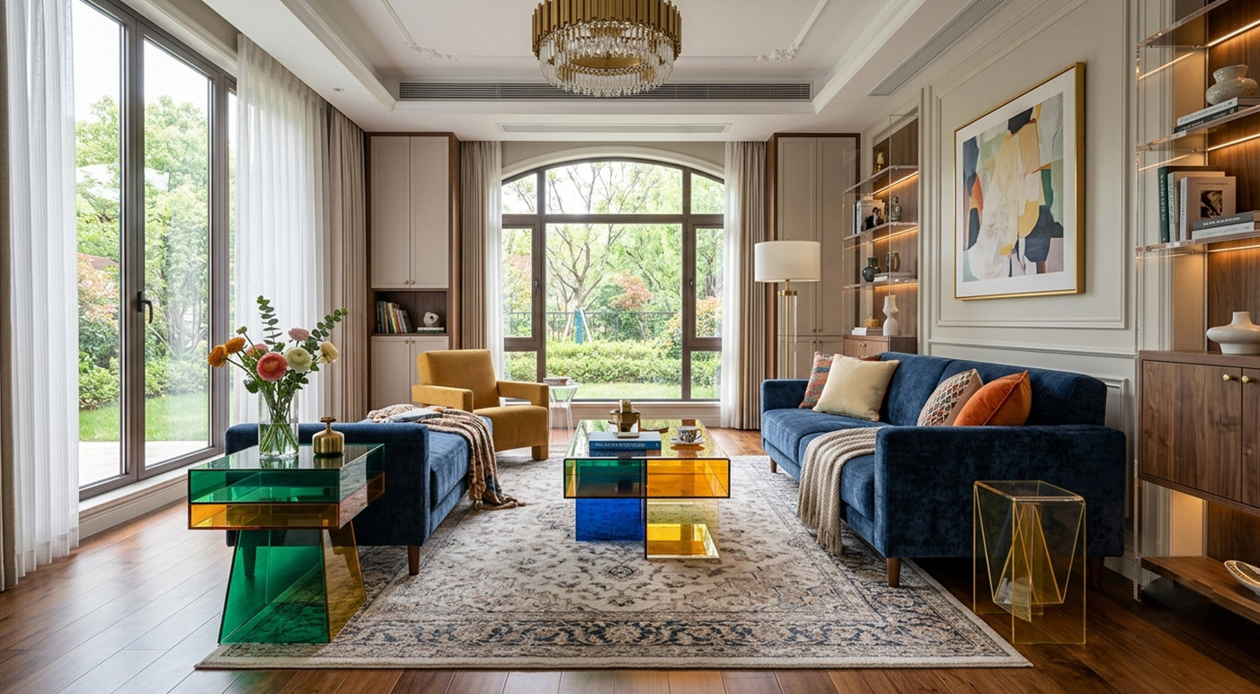 French style bright living room with multi-color cubic acrylic decor table and fabric sofas