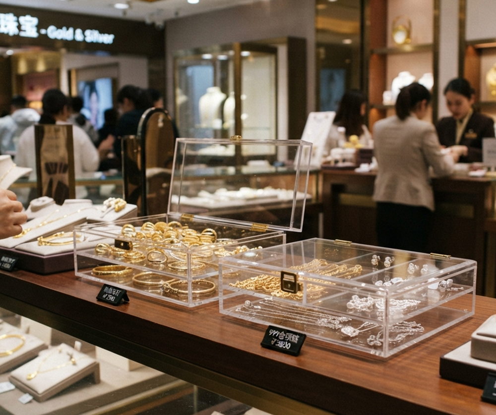 Luxury jewelry mall counter with transparent acrylic display trays for gold ornaments