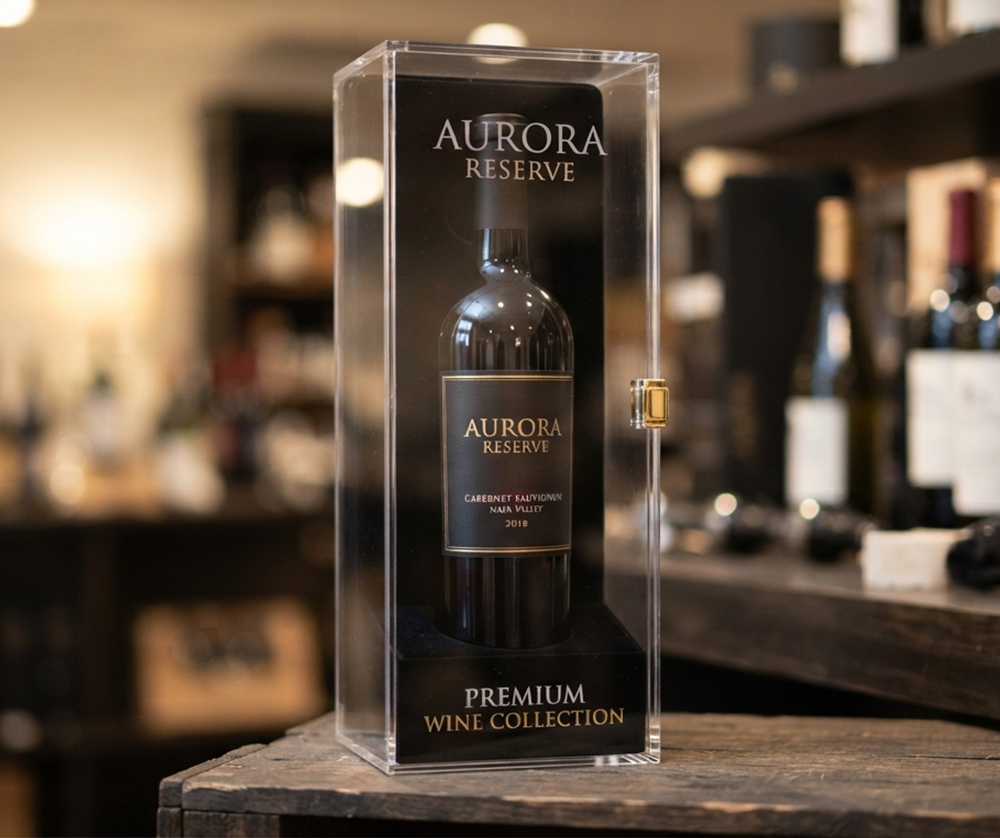 Tall transparent acrylic wine storage case with dark liquor bottle, soft studio lighting