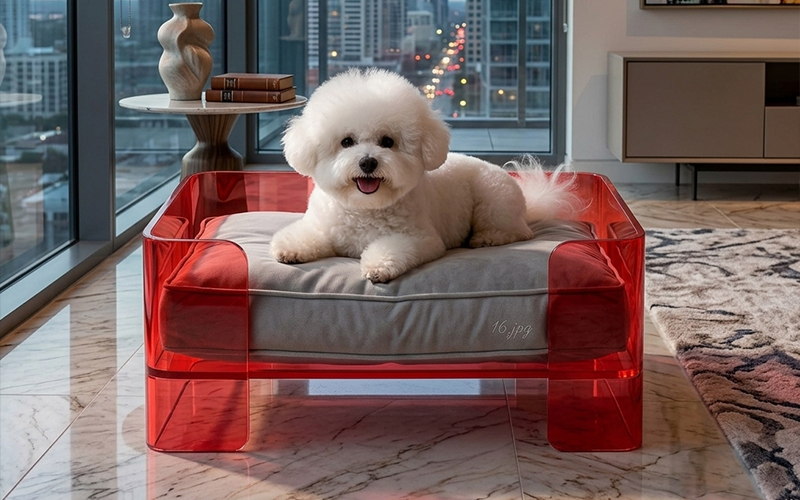 Red transparent acrylic dog bed enclosure, fluffy white Bichon dog lying comfortably inside, city apartment background