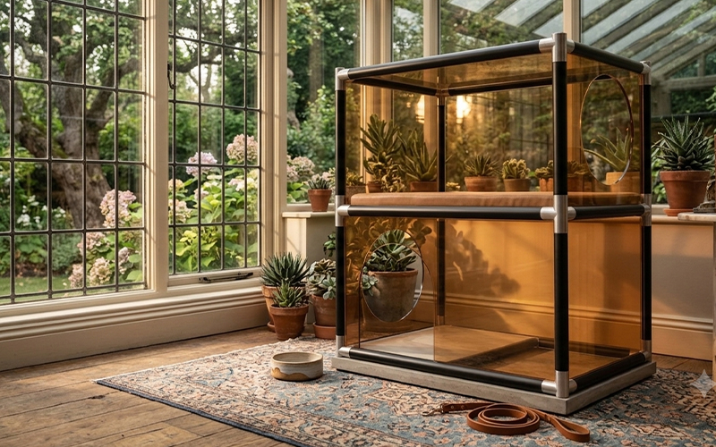 Black metal framed acrylic reptile terrarium with green plants, placed beside garden bay window