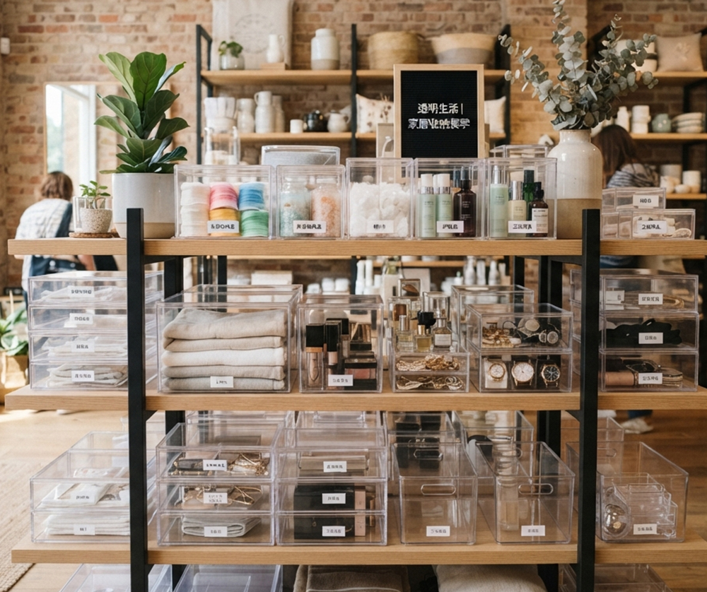 Modern retail shelf with layered acrylic dividers for skincare and home accessories