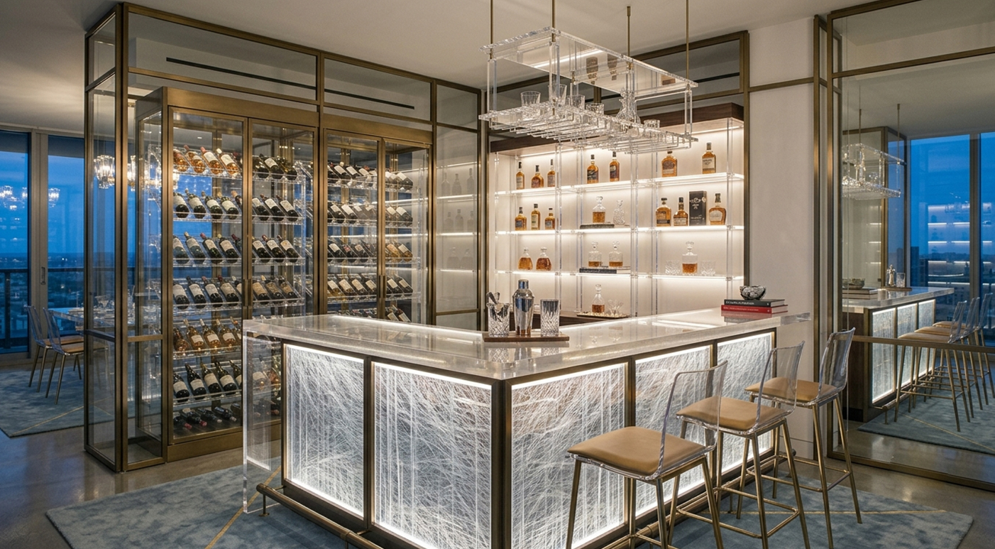 Villa interior with oversized acrylic display island counter for wine and ornament collection