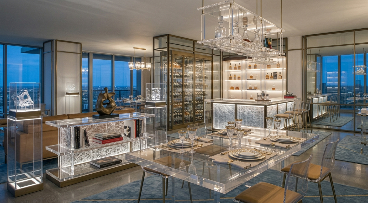High-end apartment lounge with large transparent acrylic console table and hanging acrylic wine rack