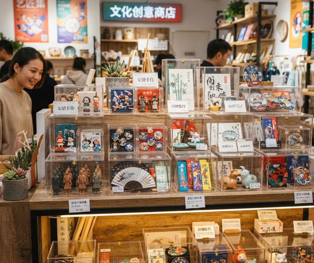 Stationery shop interior with multi-grid acrylic display boxes for stationery goods