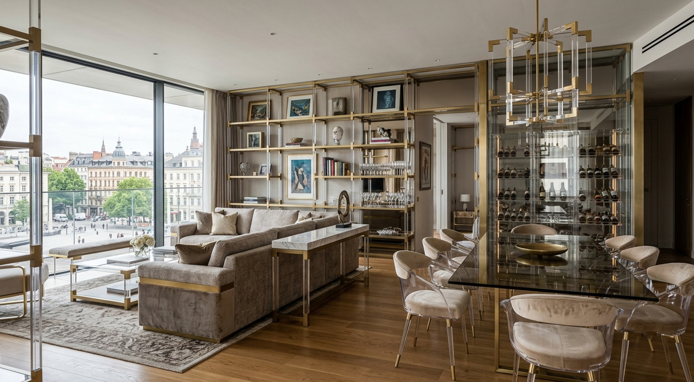 Luxury European living room with gold frame acrylic glass display shelving, floor-to-ceiling window city view
