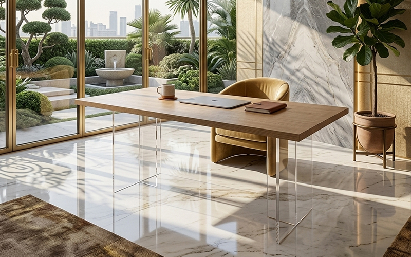 Modern light wood dining table with full transparent acrylic legs, luxury villa interior