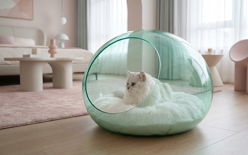 Mint Green Bubble Acrylic Cat House, round hollow entrance, white cat resting inside cozy bedroom interior