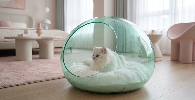 Mint Green Bubble Acrylic Cat House with round entrance, white cat resting inside, minimalist indoor scene
