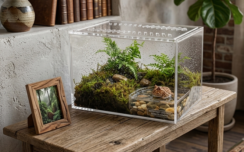Square transparent acrylic moss terrarium tank with ferns, rock miniature natural landscape decor