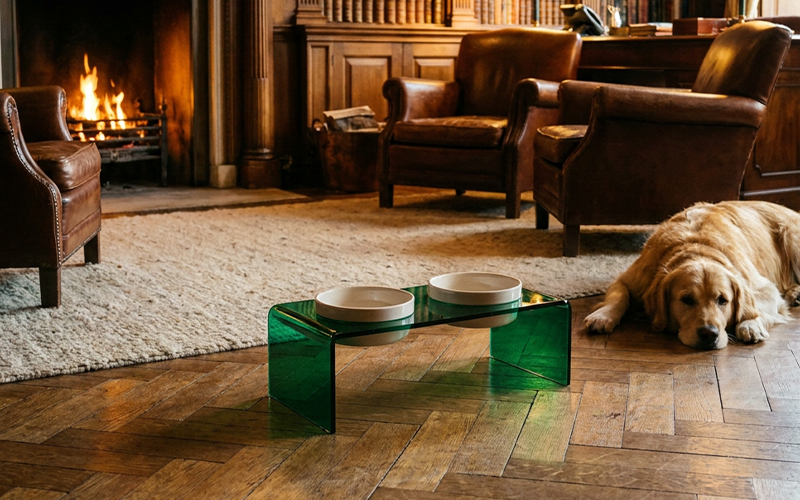 Vintage wooden study lounge, emerald green transparent acrylic coffee table paired with leather armchairs
