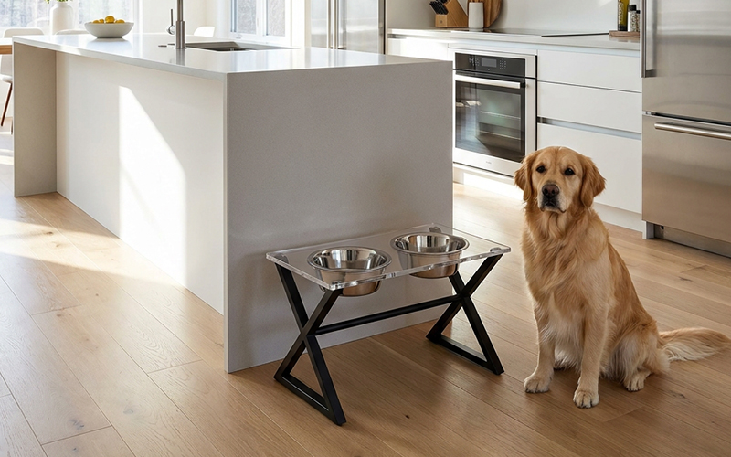 Modern kitchen interior, black X-frame transparent acrylic side table with pet bowls, golden retriever standing nearby