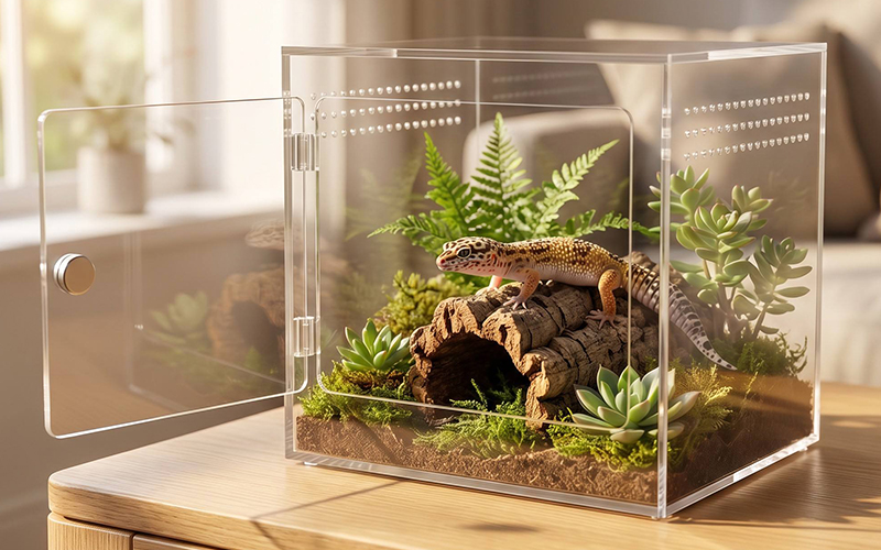 Clear acrylic reptile terrarium tank with moss, fern and leopard gecko habitat