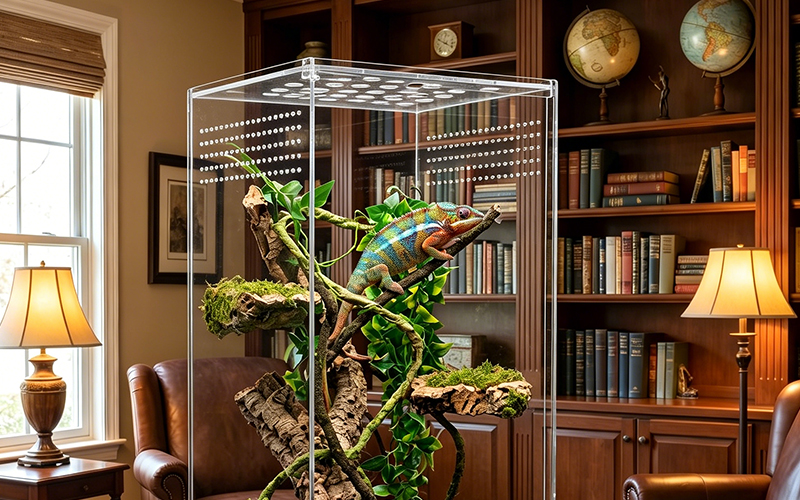 Large clear acrylic chameleon breeding enclosure with branches and green foliage, vintage study bookshelf background