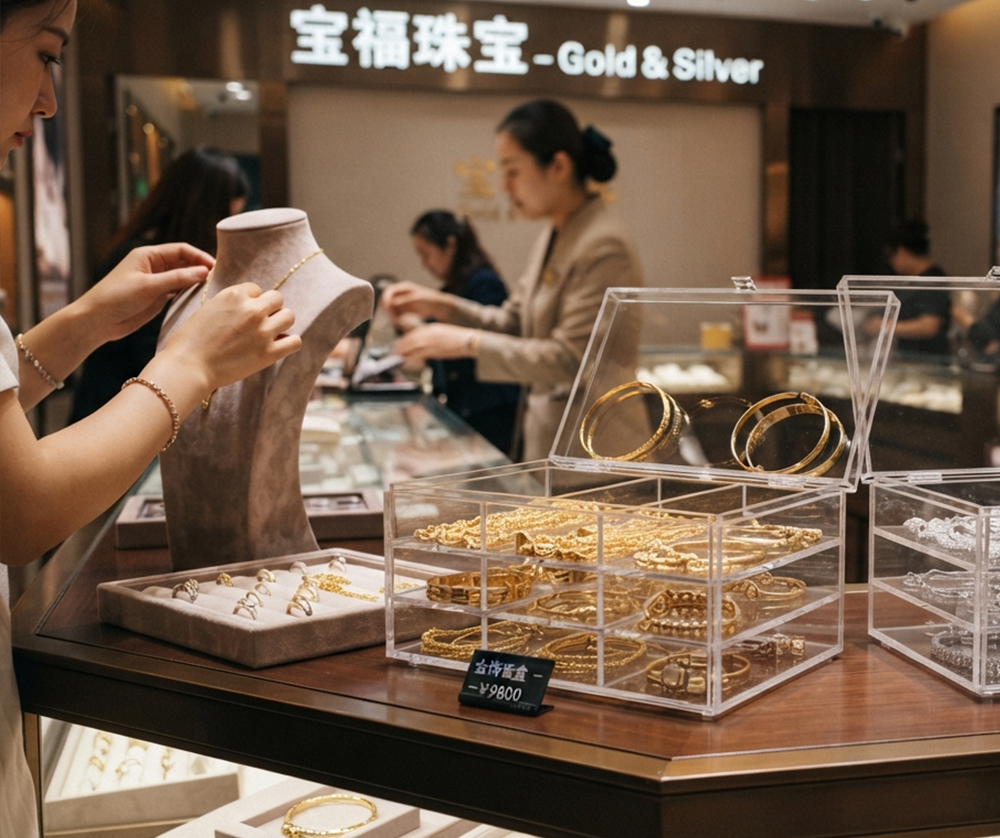Jewelry boutique counter with clear acrylic trays holding gold bracelets and rings