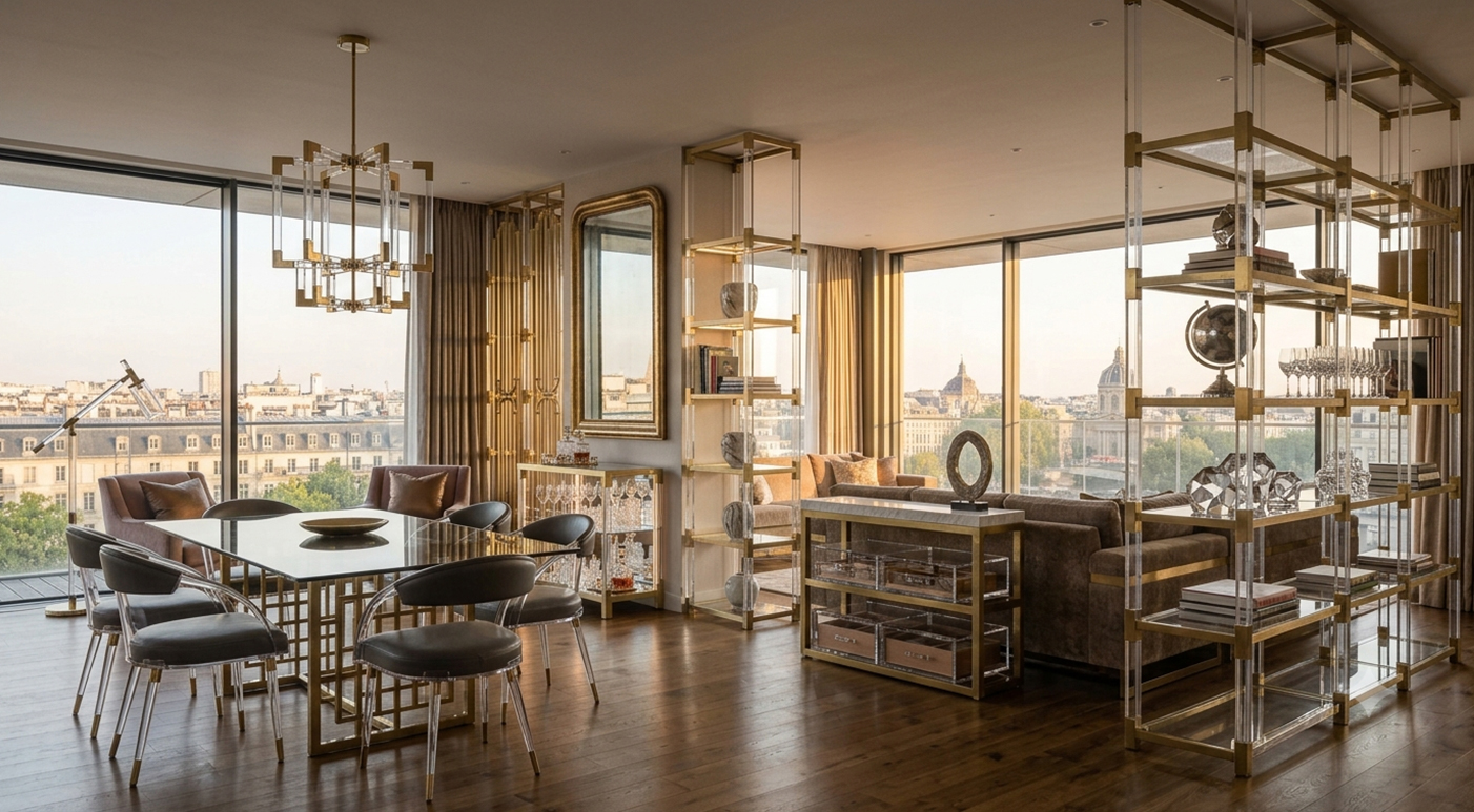 High-end city view apartment lounge with dual gold metal acrylic display cabinets, mirrored wall, transparent acrylic console table and panoramic window skyline