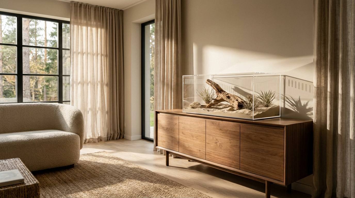 Acrylic reptile enclosure in a minimalist Nordic living room setting, luxury home decor integration with clear visibility.