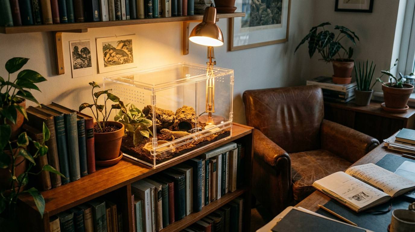 Acrylic reptile tank on study desk lifestyle scene, cozy home office decor with high clarity for close-up pet observation.