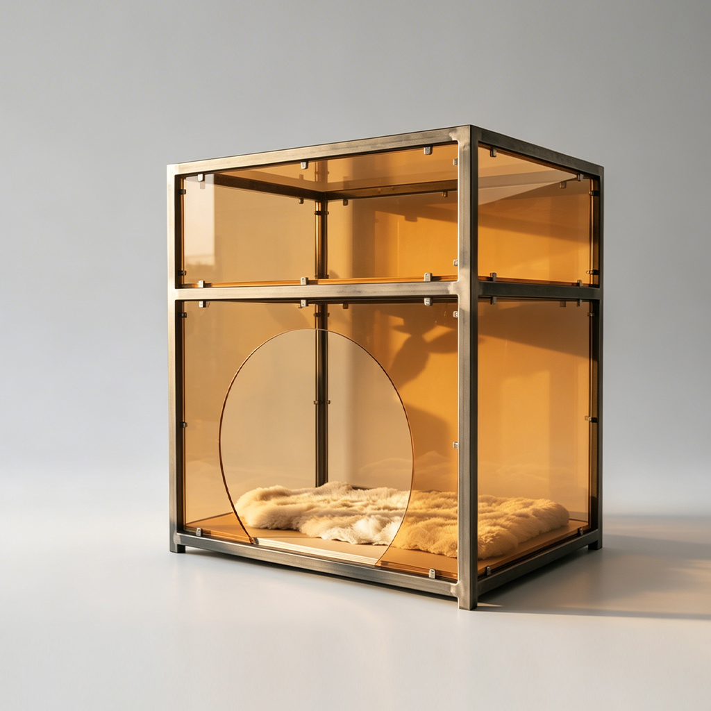 Amber Tinted Acrylic Cube Pet House with Metal Frame, Industrial Chic Design